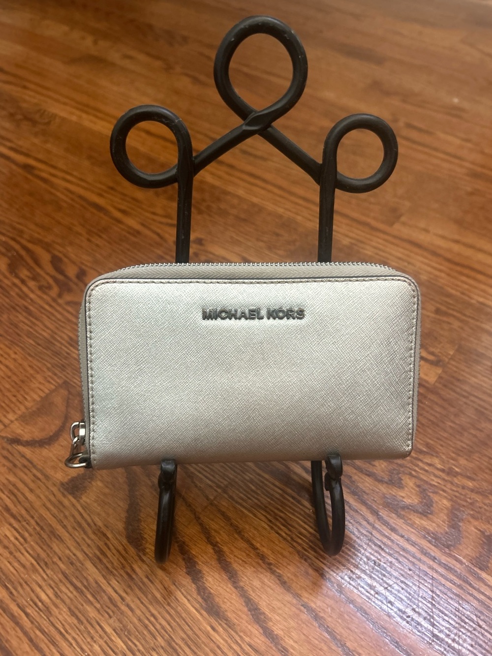 Michael Kors Metallic Silver Saffiano Leather Zip Around Wallet Crossbody